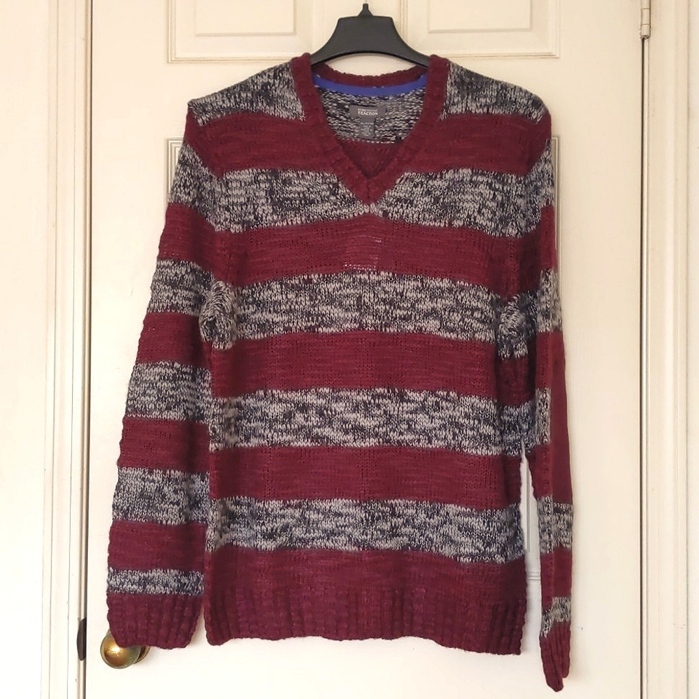 NWT. Kenneth Cole Men's Wool blended stripe pattern sweater with elbow patch.